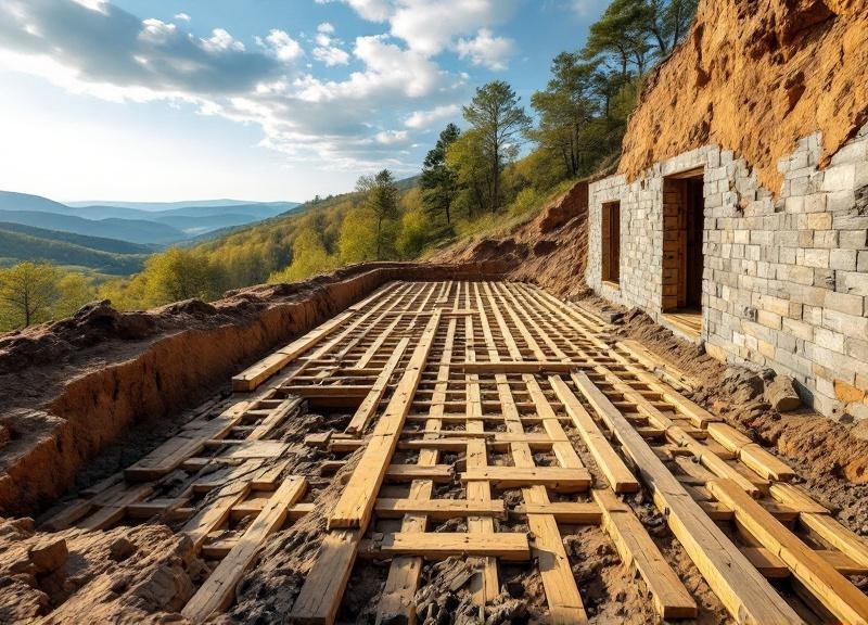 Mountainside home construction with stone walls and timber framework