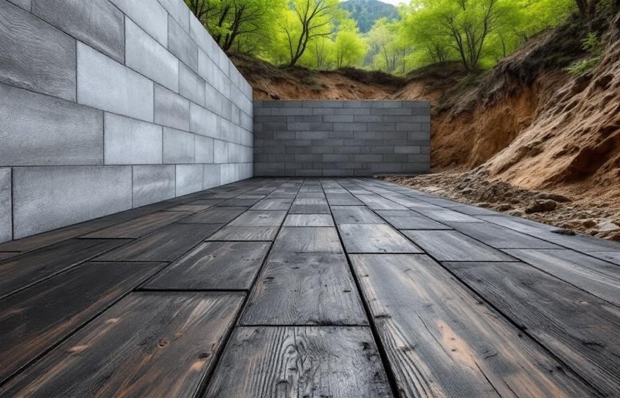 Charred timber flooring and stone retaining walls in mountainside retreat