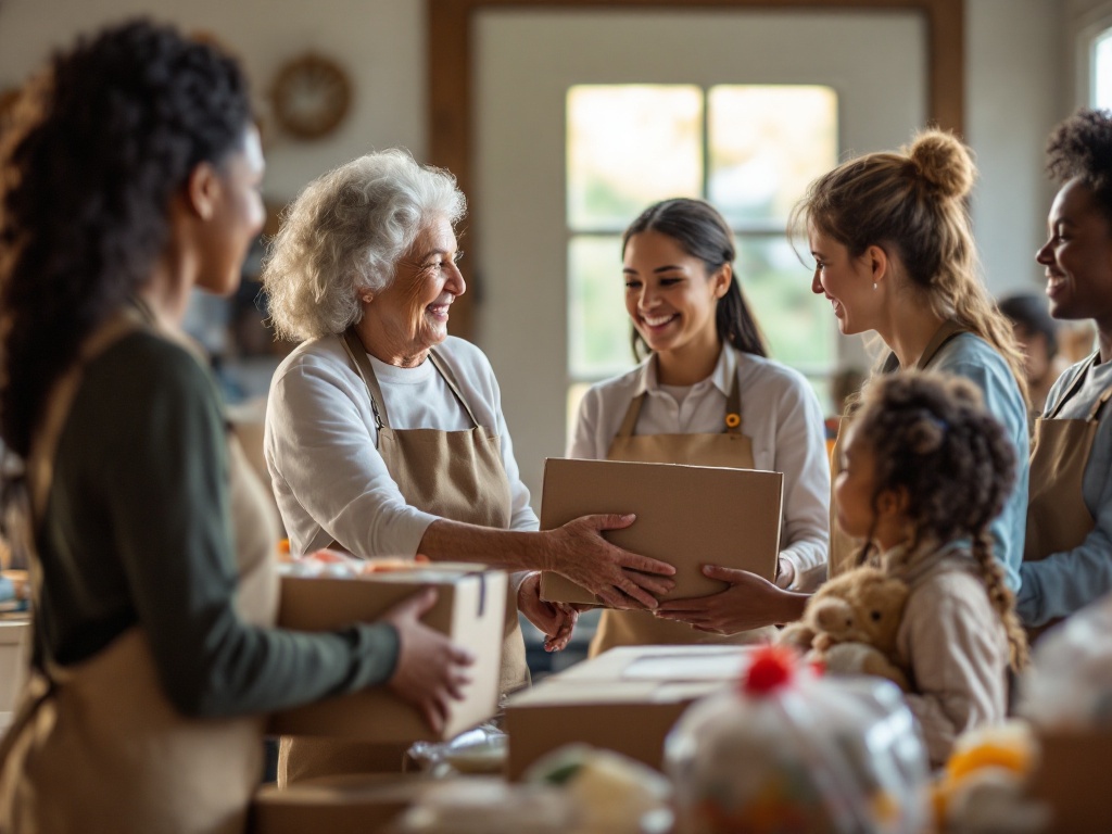 Volunteers handing groceries to families at a community food bank