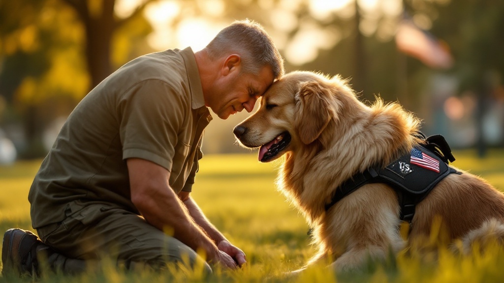 A veteran resting his forehead against his service dog at golden hour
