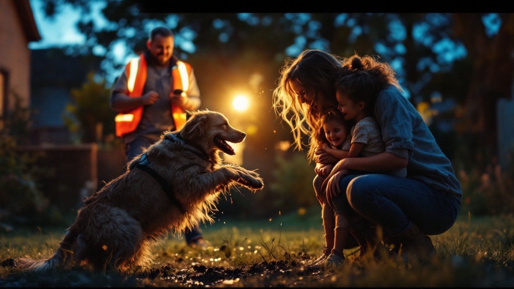 A family joyfully reunited with their lost dog at dusk