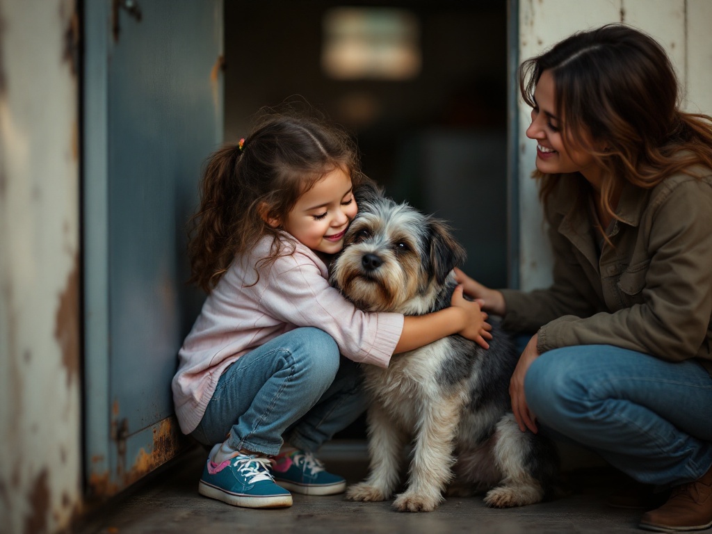 A child hugging a rescued shelter dog at the moment of adoption