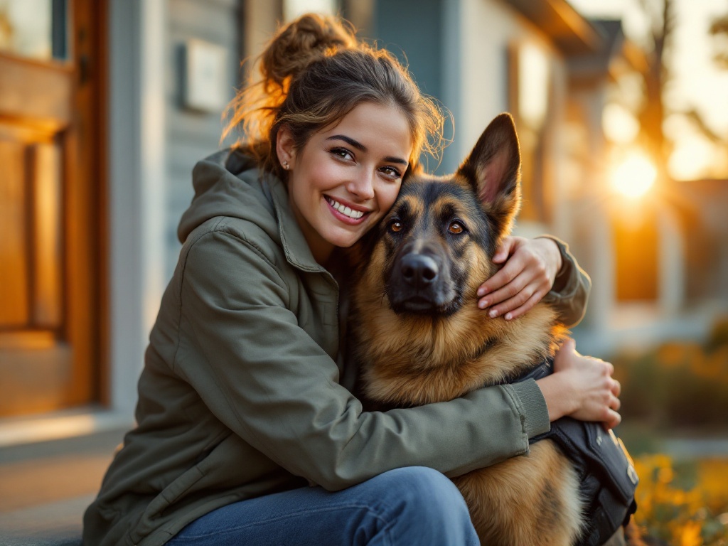 A young veteran with her service dog on her porch at sunset