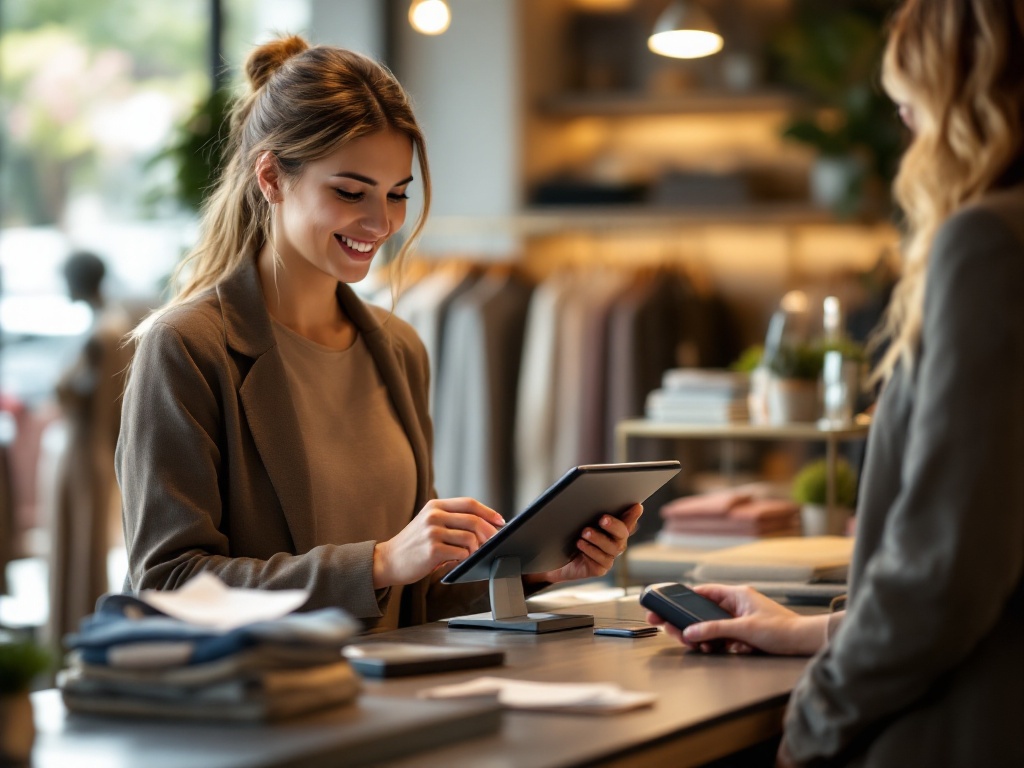 RFID reader and Shopify POS tablet at a boutique checkout counter