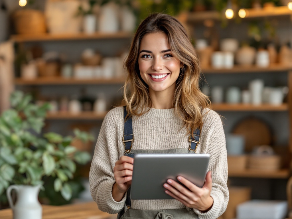 Small business boutique owner holding a tablet and RFID reader